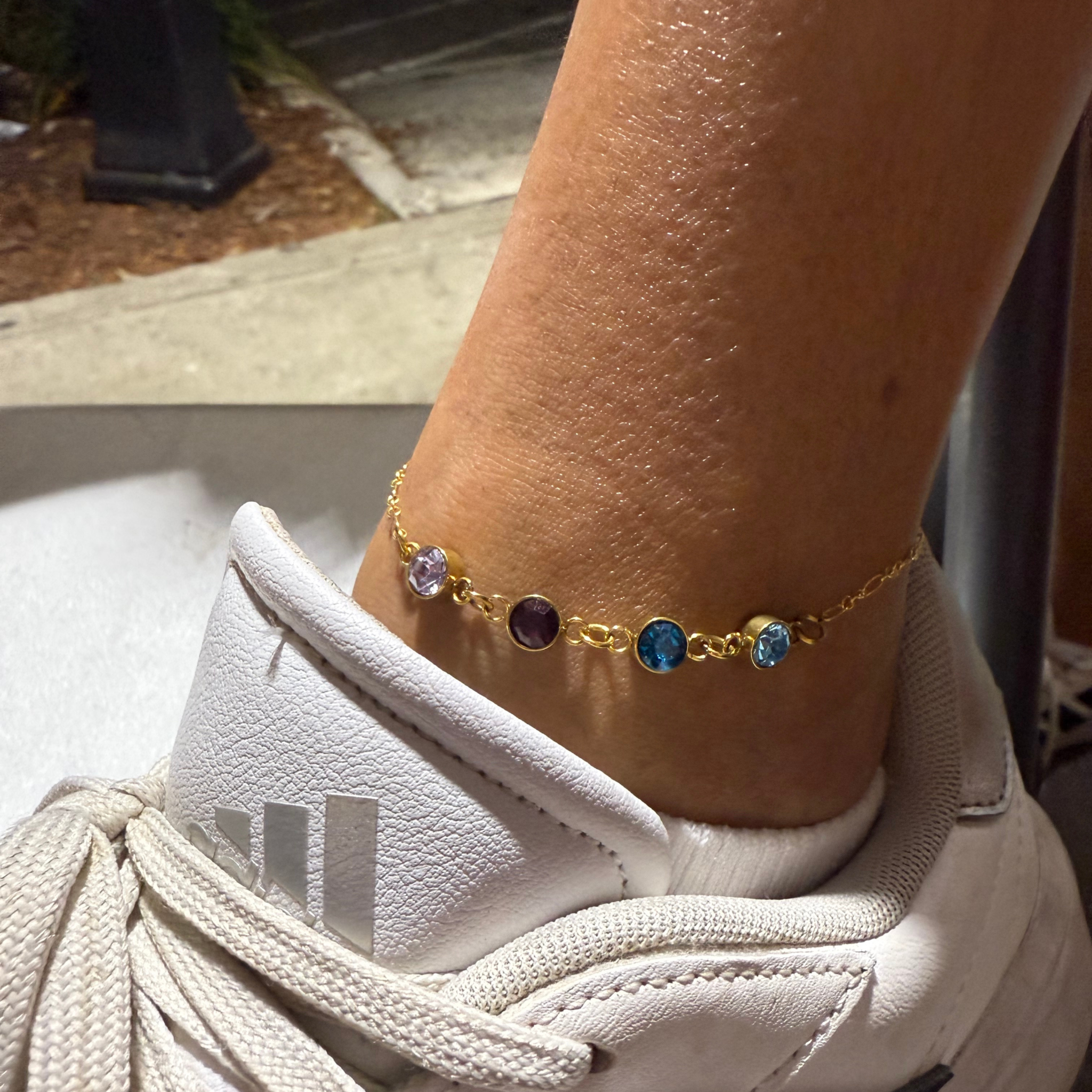 Gold anklet with multicolor stone charms